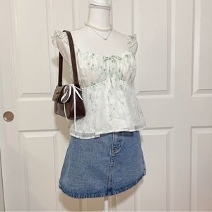 Floral sheer green babydoll top with adjustable back tie